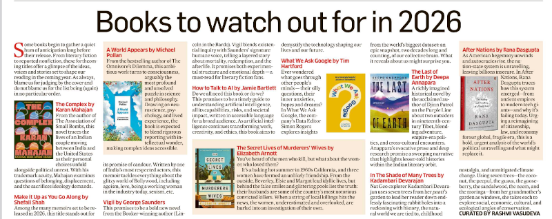 Deccan Herald print edition of listing KD's upcoming book as one to watch out for in 2026